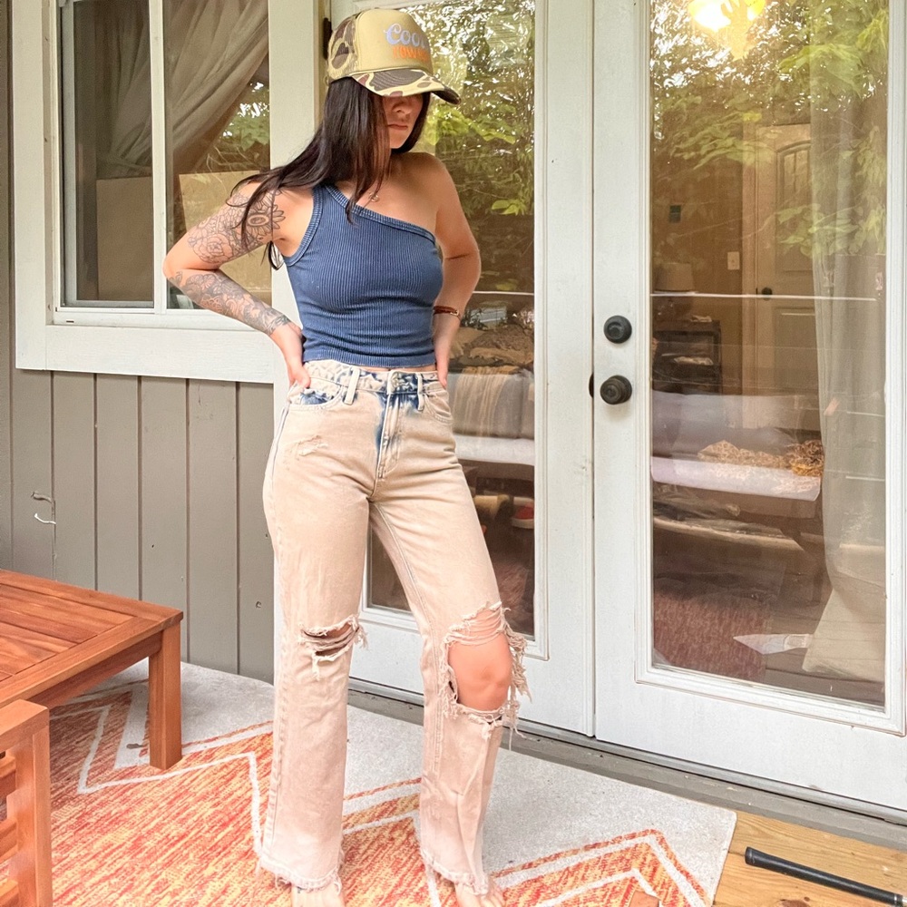 Vevet Los Angeles Tan & Blue Ripped High Waisted Flare Jean